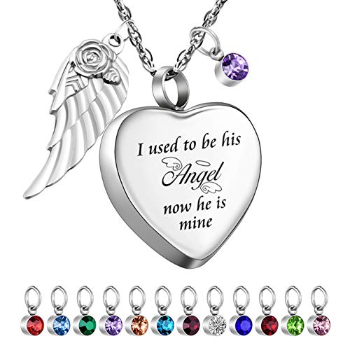 Dletay Heart Cremation Necklace for Ashes Angel Wing Urn Necklace with 12 PCS Birthstones-I Used to be His Angel, Now He/She is Mine