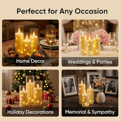 Homemory Flameless Candles with Remote Timer, Clear Acrylic Flickering LED Pillar Candles with Embedded Fairy String Lights, Battery Operated Candles for Wedding Fireplace Lantern Home Decor, Set of 9 | Battery operated flickering LED pillar candles, dual