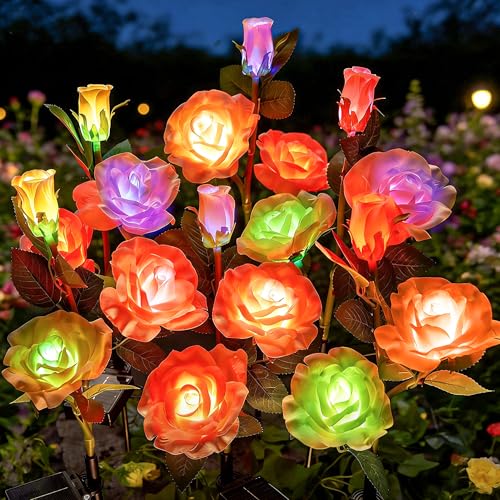 Brightown Solar Garden Lights, 4 Pack 7-Color Changing Rose Flower Lights - color: 7 Color Rose