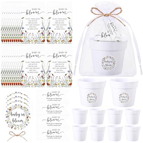 FoldTier 25 Sets Baby Shower Seeds Favors for Guests Mini Plastic Pots Kraft Wildflowers Envelopes with Thank You Tags, Stickers, Organza Bags, Baby in Bloom Party Favors (No Seed)