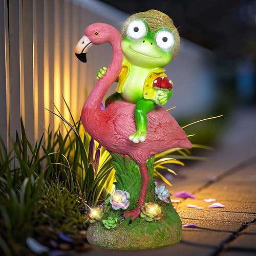 ZFNN Solar Garden Statue Outdoor, Frog Riding Flamingo Decor with LED Eyes - color: Flamingo Frog