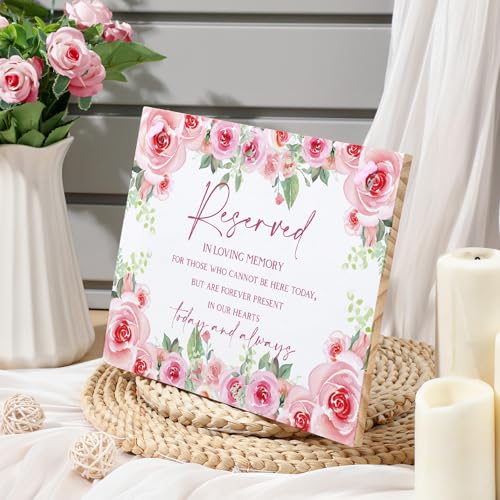 Pink Rose Wedding Memorial Sign with Ribbon Floral Flower Reserved Signs in Loving Memory of Love Ones Parents Celebrating Ceremony Memories Seat Sign from Heaven - style: Rose Seat Sign