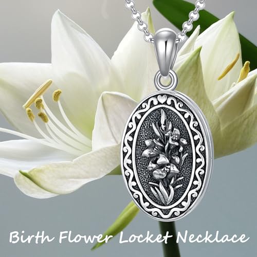 Birth Flower Photo Locket Necklace 925 Sterling Silver 12 Month Locket Necklace with Picture Birth Flower Photo Jewelry Gifts for Women Mother Mom Daughter - color: 05-May-lily, style: 1.no custom