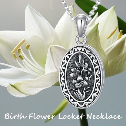Birth Flower Photo Locket Necklace 925 Sterling Silver 12 Month Locket Necklace with Picture Birth Flower Photo Jewelry Gifts for Women Mother Mom Daughter - color: 05-May-lily, style: 1.no custom