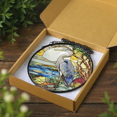 Stained Glass Window Hanging, 8 Inch Blue Heron Suncatcher Ornament, Stained Glass Suncatchers for Windows Hanging, Christmas, Mother's Day, Birthday, Bird Lover Gifts for Mom, Grandma, Women & Men - color: Heron