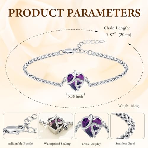 Cremation Jewelry Heart Urn Bracelet for Human Ashes for Women Men Memorial Keepsake Link Bracelet - color: Silver-Purple