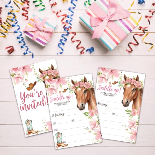 Cowgirl Horse Birthday Invitation Cards with Envelopes, 20 Pack 4x6 Fill-In Party Invites for Girls Boys, Western Floral Saddle Up Birthday Party Supplies - B03 - color: Cowgirl