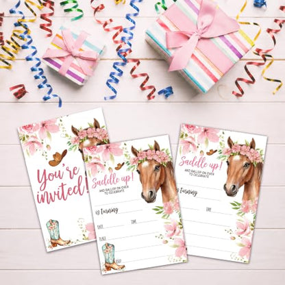 Cowgirl Horse Birthday Invitation Cards with Envelopes, 20 Pack 4x6 Fill-In Party Invites for Girls Boys, Western Floral Saddle Up Birthday Party Supplies - B03 - color: Cowgirl