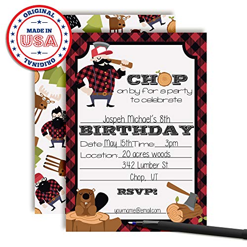 Lumberjack Chop On By Themed Birthday Party Invitations, 20 5x7 Fill In Cards with Twenty White Envelopes by AmandaCreation - style: Lumberjack Chop On By
