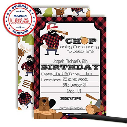 Lumberjack Chop On By Themed Birthday Party Invitations, 20 5x7 Fill In Cards with Twenty White Envelopes by AmandaCreation - style: Lumberjack Chop On By
