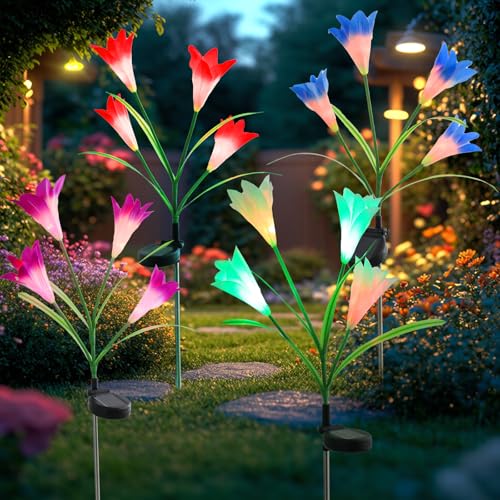 Garden 4 Pack LED Solar Flower Lights with More Realistic Lily Flowers Solar Garden Lights Outdoor Waterproof for Yard Patio Lawn Pathway Walkway Decoration 4-Pack Yellow & Pink & Blue & White Combo - color: Lily（Yellow & Pink & Blue & White）