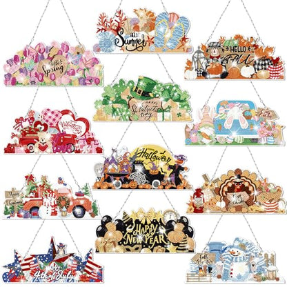 Cinnvoice Seasonal Diamond Art Hanging Kit,12 Pcs,Novel | Holiday Diamond Art Wreath Ornament, Month Gem Hanging Sign, Festival Crystal Suncatcher, for Door Window Wall Home Decor - style: Novel