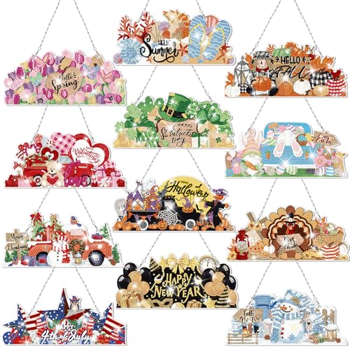 Cinnvoice Seasonal Diamond Art Hanging Kit,12 Pcs,Novel | Holiday Diamond Art Wreath Ornament, Month Gem Hanging Sign, Festival Crystal Suncatcher, for Door Window Wall Home Decor - style: Novel