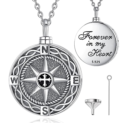 EUDORA Sterling Silver Urn Necklace for Ashes for Women Men, Ash Pendant for Human Cat Dog Ashes, Necklace for Ashes of Loved One Dad Mom Papa Pet Cremation Souvenir Jewelry for Funeral, 20inch - color: E1-Compass Cross