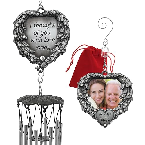 Sympathy Memorial Wind Chime & Photo Ornament Gift Set – “I Thought of You with Love Today” Engraved Chime – Angel Wings “in Loving Memory” Picture Ornament -2” Photo – Bereavement & Funeral Gift