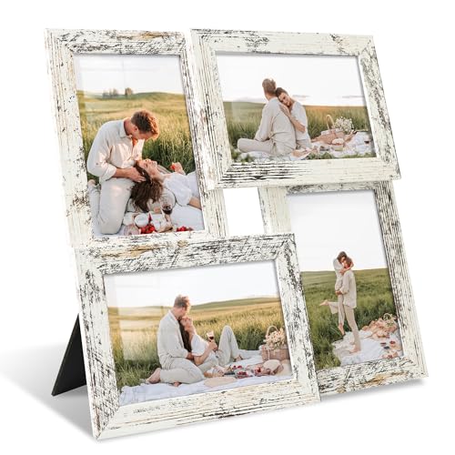 YESKAY 4x6 Collage Picture Frames Set of 1, Multi Family Photo Frame with Real Glass, Displays Four 4x6 Photo, Wall Decor Wall Hanging or Tabletop, Distressed White - color: Distressed White, size: 4x6 in