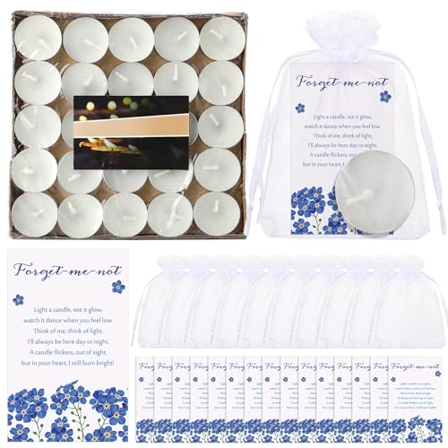 Coume 50 Set Funeral Party Favors Memorial White Candles Unscented Funeral Gifts Tealight Candles with Condolence Bereavement Cards, Organza Bags for Guest Celebration of Life Decorations (Melancholy) - style: Melancholy