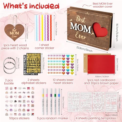 CY2SIDE Best Mom Ever Album Scrapbook - Mother’s Day Wooden Scrapbook Craft Kit, DIY Photo Memories Book with 30 Brown Pages Birthday Gift for Mother’s Day, DIY Handmade Scrapbook Gift for Mom Grandma - style: Best Mom Ever