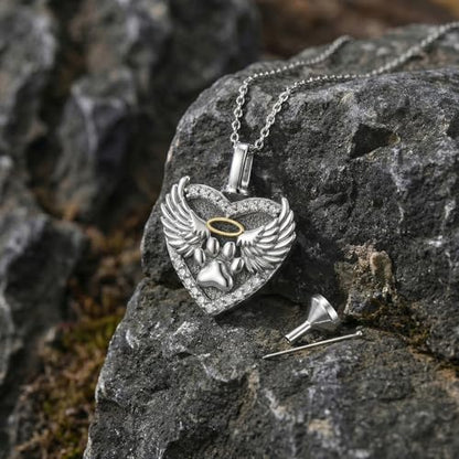 Family Members Urn Necklace for Ashes 925 Sterling Silver Angel Wings Heart Cremation Memorial Keepsake Pendant Jewelry for Loved One's Ashes, with 18" + 2" Stainless Steel Chain - style: Heart-Paw Print