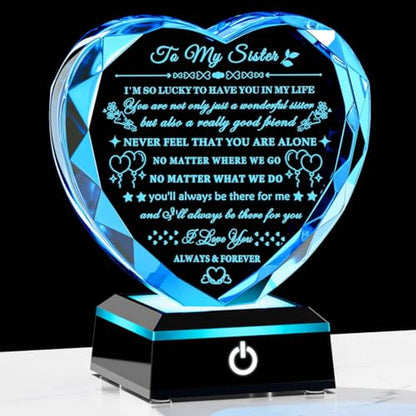 Arikyrist Sister Gifts from Sister Brother with Colorful LED Base Birthday Gifts Idea for Sisters Crystal Heart Keepsake Sisters Gift for Women for Christmas Mother's Day Valentines - style: Sister Gifts + Light Base