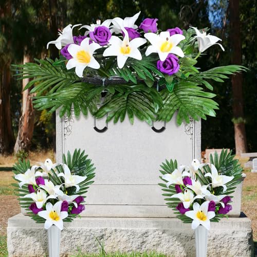 3 Pcs Artificial Cemetery Flower Set, Cemetery Grave Flowers Saddle Memorial Rose and Lily Bouquets with Vase 1 Saddle and 2 Memorial Bouquets for Veterans Day Outdoor Headstone Decor