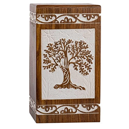 Tree of Life Wooden Keepsake Urn for Human Ashes, 20 cu in, White - color: Antique White, size: Keepsake (20 cu in)