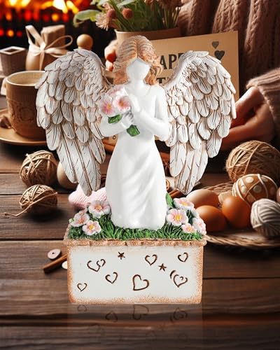 GoGnome Angelic Embrace - Resin Angel Figurine with Bouquet and Heart Accents Decorative Base - A Gift to Express Unwavering Love, Remembrance, Sympathy, Comfort Healing for Women Girls (Angel)