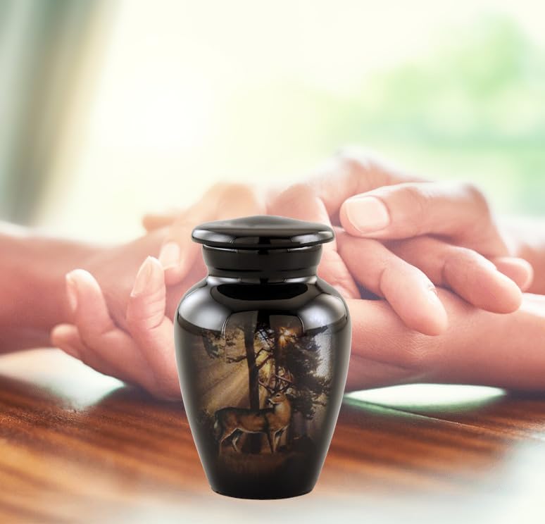 Gone Hunting Deer Keepsake Urn with Sunrays – Majestic Buck Mini Memorial Urn for Human Ashes – Handcrafted Sharing Token Funeral Urn with Velvet Bag & Funnel (Keepsake) - size: Keepsake