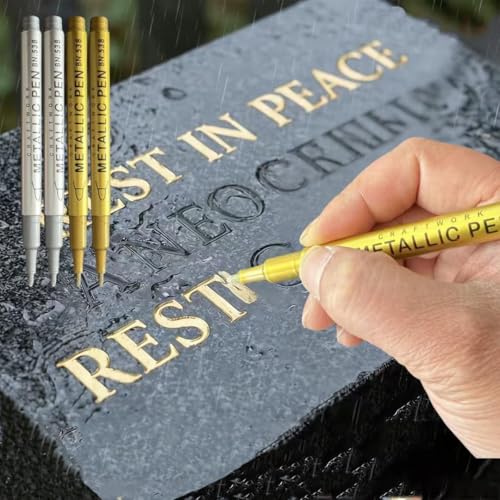 4Pcs Tombstone Marker Pens, Weatherproof Quick-Dry Oil-Based Fine Tip for Restoring Faded Inscriptions on Grave Stones and Granite Surfaces (golden+silvery) - color: golden+silvery