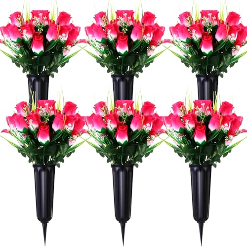 Tigeen 6 Set Cemetery Memorial Flowers for Grave Decor,Pink | 12 Bunches 84 Heads, Artificial Silk Rose Floral Bouquet with Grave Vase for Gravesite Cemetery Headstones Decorations - color: Pink