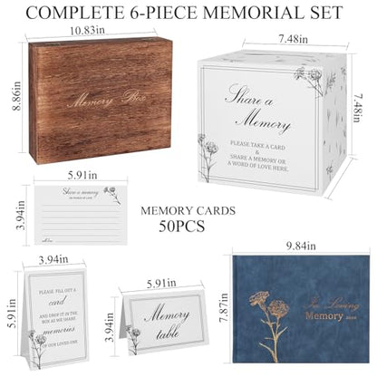 Funeral Guest Book Set with Wooden Keepsake Box, Memory Cards & Pens | Complete Memorial Table Set Includes guest book, keepsake box, 50 memory cards, card drop box, sign, instruction card & pens - style: Guest Box Kit
