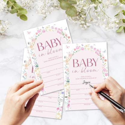 Baby in Bloom Baby Shower Invitations for Girls Boys, Floral Baby Announcement Invite Cards, 25 Set of Fill-in Baby Shower Invites with Envelopes, Gender Reveal Party Supplies -B06 - color: Floral-01
