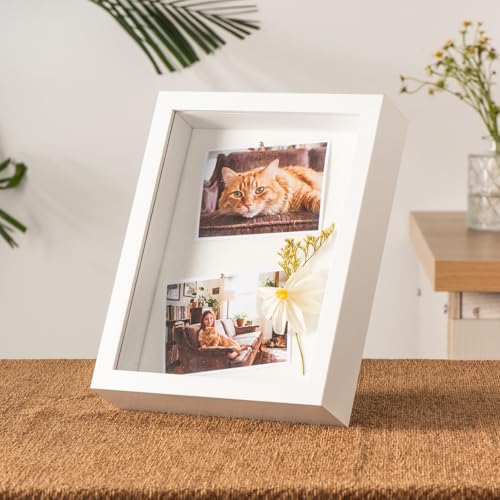 6x8 Small Shadow Box Frame with Ultra-Clear Glass & Soft Linen Back | With Push Pins and Stand, Deep 1.2" White Shadow Box Display Case – Display on Tabletop or Wall for Photo, Flower, Keepsakes - color: White+high Definition Panel + Shatter-proof Packagi