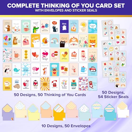Decorably 50 Pack Bulk 5x7in Thinking of You Cards with Envelopes | Stickers, 50 Adorable Folded Designs for Women & Loved Ones, Printed Message Inside - Thoughtful Notes, Gifting, Mailing