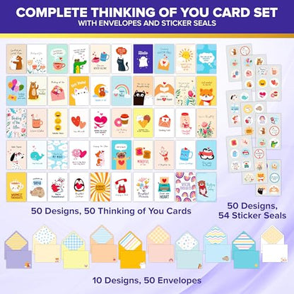 Decorably 50 Pack Bulk 5x7in Thinking of You Cards with Envelopes | Stickers, 50 Adorable Folded Designs for Women & Loved Ones, Printed Message Inside - Thoughtful Notes, Gifting, Mailing