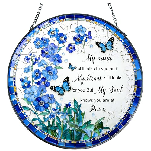 Stained Glass Window Hanging Sun Catcher Memorial Ornaments Flower Butterfly Suncatcher with Poem Sympathy Gifts for Loss of Loved One Indoor Window Home Decor Suncatchers for Windows Hanging 7.8 in - color: Flower Butterfly