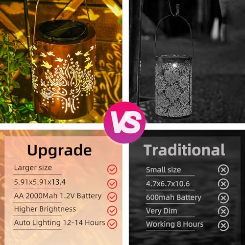 Solar Lantern Outdoor, Tree of Life Decorative Hanging Lantern | 13.4", Metal, IP65 Waterproof, Larger Solar Panel, 2000mAh Battery, Dusk to Dawn, Garden, Patio Decor, Housewarming Gifts - style: Tree of Life