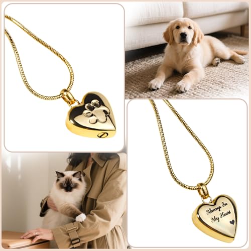 LittleFlower Paw Print Heart Pet Ashes Urn Necklace, Keepsake Pendant-Gold - style: Gold