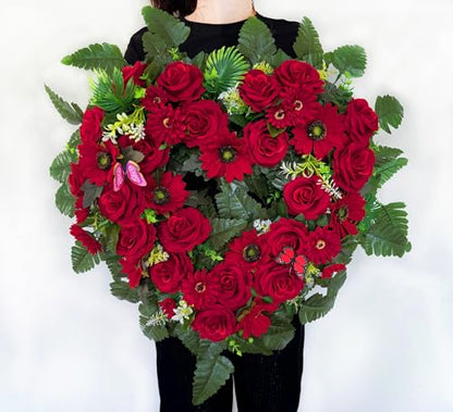 Cemetery Wreaths - Ebullient Remembrance Standing Heart, Grave Wreath with 30 Inch Easel Stand,Memorial Floral-Red Rose