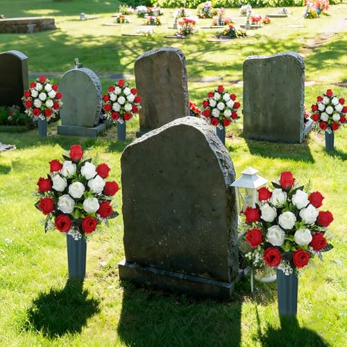 Artificial Cemetery Flowers with Vase, Artificial Headstone Memorial Flowers Rose Bouquet for Graveyard Grave Cemetery Decoration, Set of 2 (Red&White)