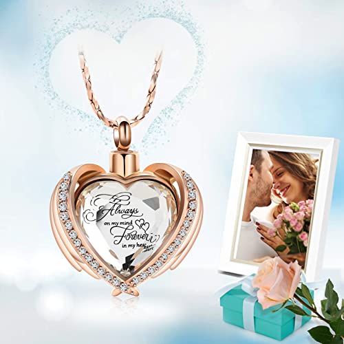 Imrsanl Cremation Jewelry for Ashes Pendant - Crystal Heart Urn Necklace with Mini Keepsake Urn Memorial Ash Jewelry - color: Rose Gold-White