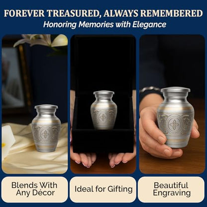 Small Urns for Human Ashes – Brass Hand-Engraved Funeral Keepsake with Elegant Silver Finish – Mini Cremation Memorial for Mom, Dad & Loved Ones - color: Silver