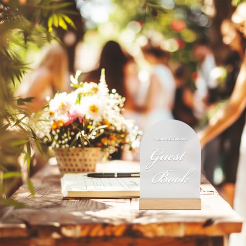 Acrylic Wedding Guest Book Sign for Reception with Wood Stand, 5 x 7 | Wedding signage encourages guests to sign the guest book; frosted acrylic table sign with white text and beech wood stand. - size: Guest Book Sign