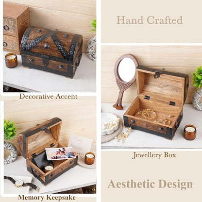 Ajuny Wooden Pirate Treasure Chest Jewelry Box Keepsake Organizer with Lock