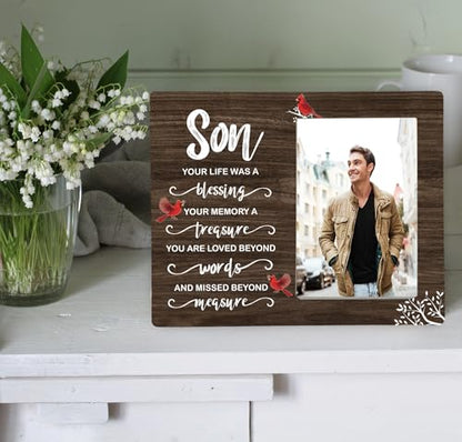 Son Memorial Wooden Picture Frame, In Loving Memory Remembrance Photo Frame Gifts for Son, Bereavement Sympathy Wooden Frame for Loss of Son, 4x6 inch Photo - style: Son Memorial