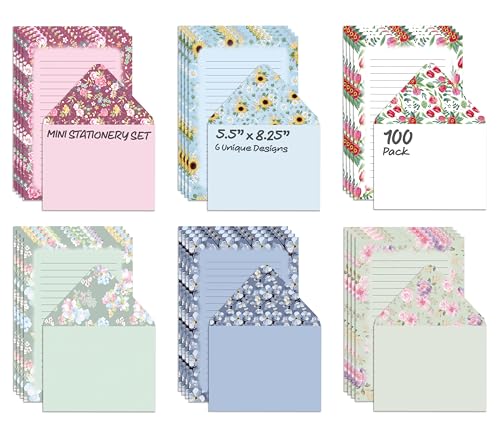 Better Office Products Mini Stationery Set, 100 Piece Set (50 Lined Floral Sheets + 50 Matching Envelopes), 5.5 x 8.25 inch, 6 Unique Designs, Double Sided Printing, Double Side Lined Paper,