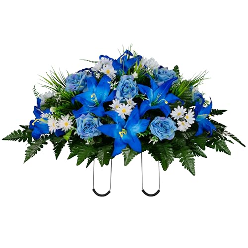Sympathy Silks 30" Headstone Flower Saddle Artificial Cemetery Flowers - Gravesite Flowers - Blue Lily and Rose with White Daisies - color: Blue, size: Saddle