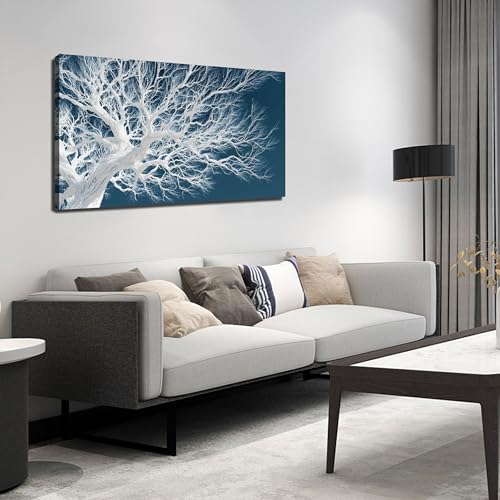 JuhaiArt White Wall Art Tree Artwork Walls for Living Room - color: Blue, size: 48"L x 24"W