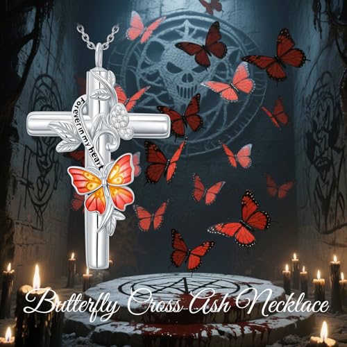 SOULMEET Enamel Butterfly Cross Urn Necklace for Ashes, Cross Moissanite Butterfly Ashes Necklaces with Forever in My Heart Engraved Keepsake Cremation Locket Jewelry for Women Men - color: C-Red, style: Custom Engraved