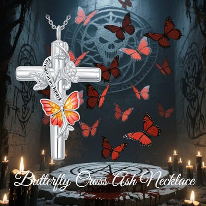 SOULMEET Enamel Butterfly Cross Urn Necklace for Ashes, Cross Moissanite Butterfly Ashes Necklaces with Forever in My Heart Engraved Keepsake Cremation Locket Jewelry for Women Men - color: C-Red, style: Non Custom